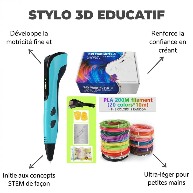Stylo 3D Enfant - Kit Complet 200M Filament Rechargeable USB-C