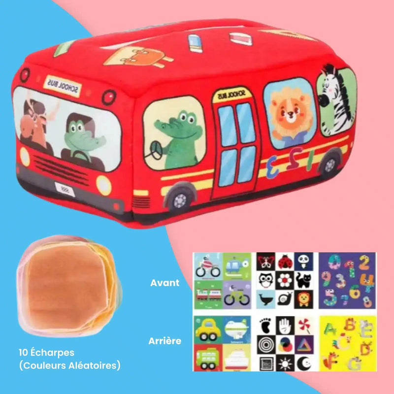 Un autobus rouge avec des animaux de dessin animé à bord, un ensemble de dix boîtes à mouchoirs magiques aux couleurs vives et une grille de cartes éducatives comportant des images et des lettres variées sont présentés.