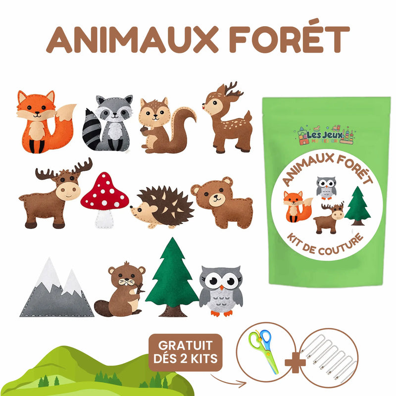 Illustration d'animaux de la forêt, d'arbres et de champignons avec un coffret Kit de Couture Enfants vert "Animaux Forêt". Comprend des ciseaux, du fil et une promotion : recevez un Porte-clés à Faire Soi-Même gratuit avec deux kits.