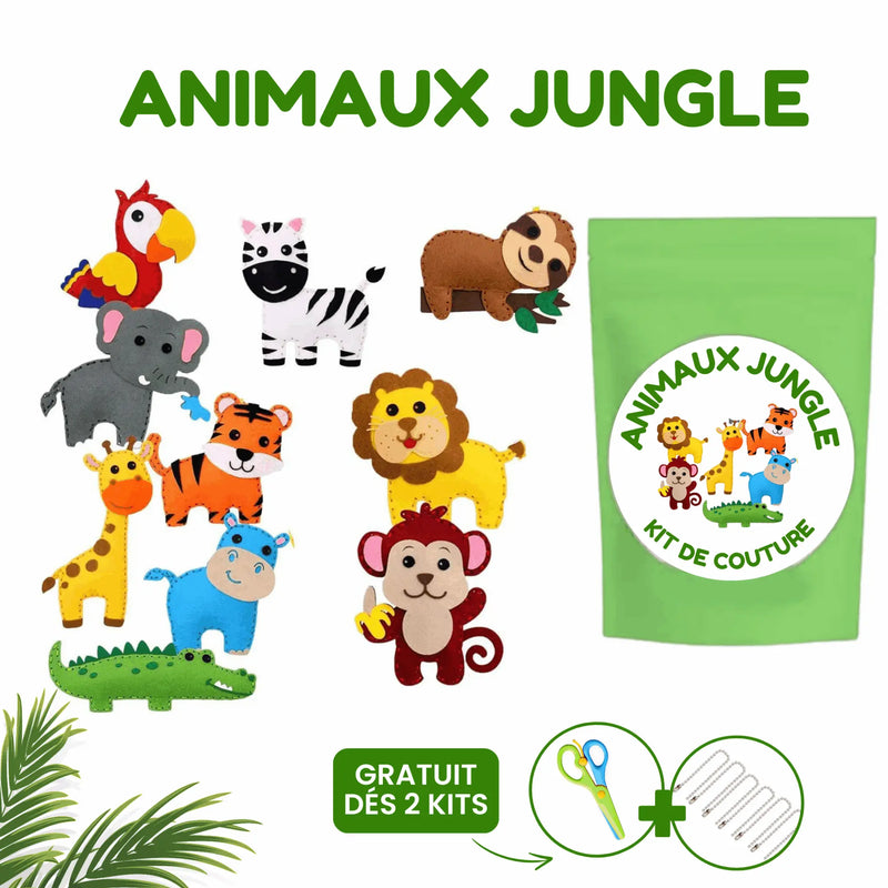 Un kit de couture intitulé "Animaux Jungle" comprenant des figurines d'animaux de la jungle en feutre, des outils de couture Kit de Couture Enfants, une pochette verte et un Porte-clés à Faire Soi-Même. Le texte indique « Gratuit à partir de 2 kits.