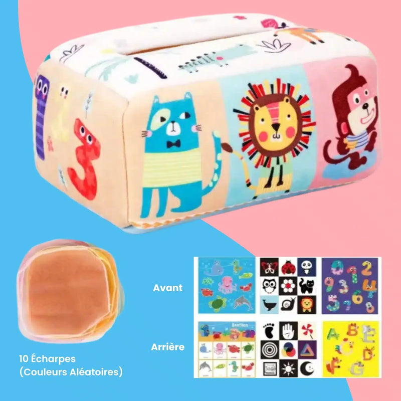 La Boîte à Mouchoirs Magique est une boîte à jouets rectangulaire avec des motifs d'animaux comme le chat, le lion et le singe. Elle comprend 10 écharpes et présente différents motifs d'impression.