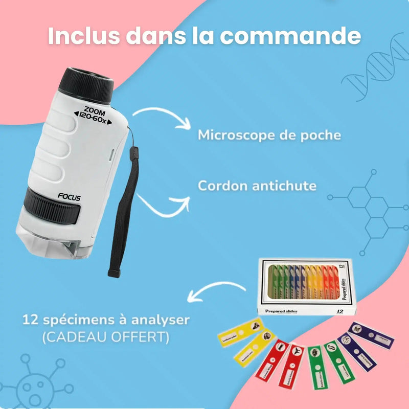 Le Microscope de Poche pour Enfant - Portable - Grossis jusqu'à 120x est livré avec une dragonne et 12 lames d'échantillons ; les fonctionnalités étiquetées et les éléments bonus sur fond bleu-rose le rendent idéal pour tout enfant curieux.