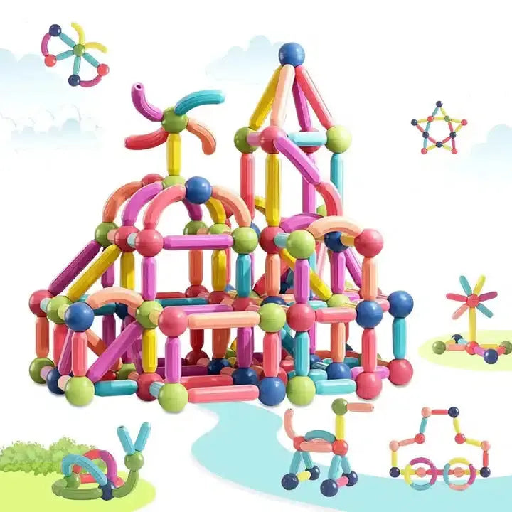 Jeu de Construction Magnétique pour Enfants : un ensemble de blocs de construction colorés avec un château en arrière-plan.