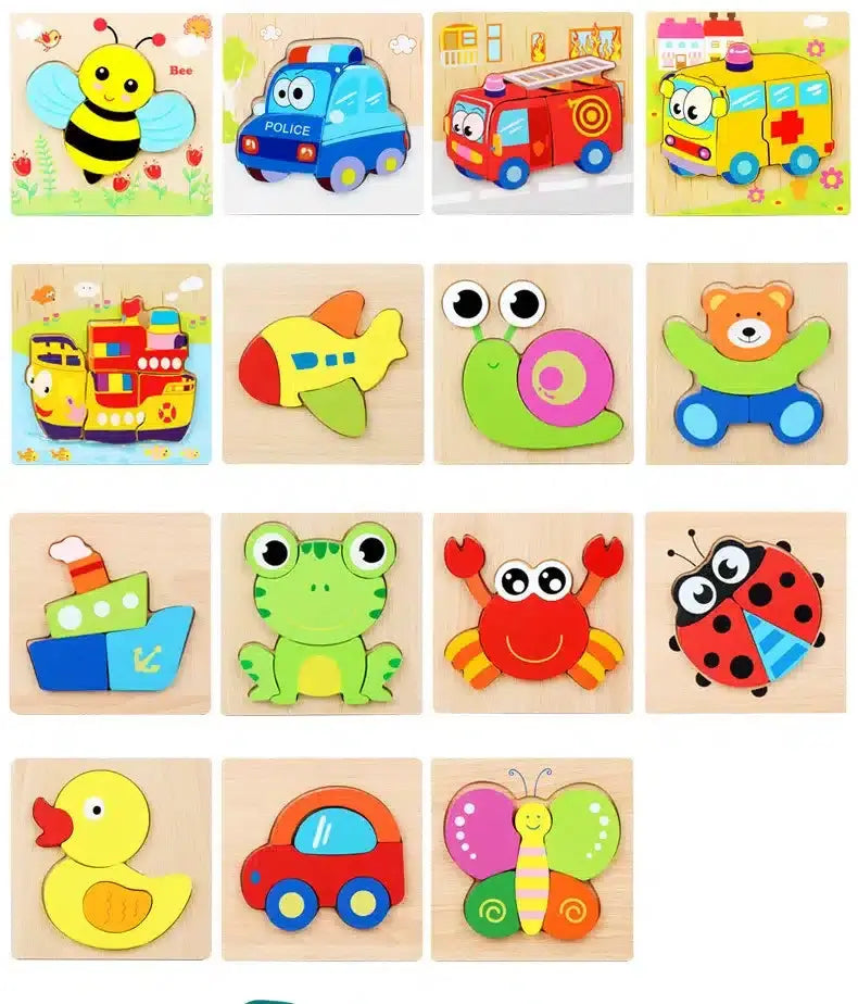 Un ensemble de puzzles en bois avec une variété de jouets.