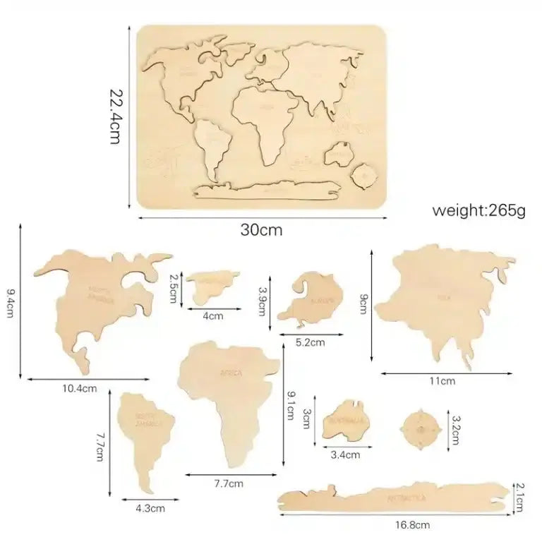 Découvrez le « Puzzle du monde en bois », une carte du monde en bois avec des continents étiquetés, inspirée de la méthode Montessori, mesurant 22,4 cm sur 30 cm et pesant 265 g. Cet outil pédagogique est un ajout léger à tout espace d'apprentissage.