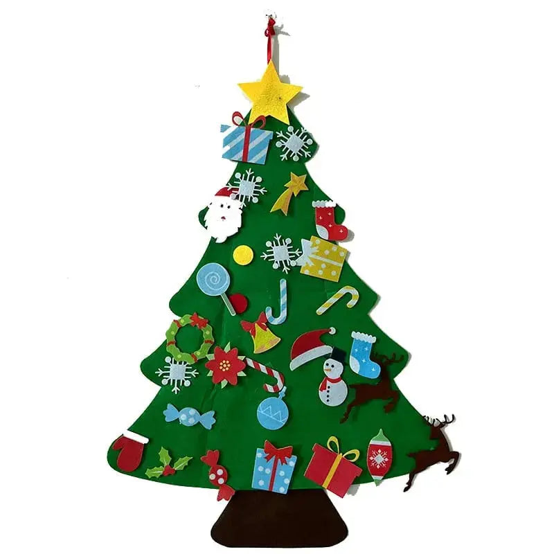 Une décoration festive des fêtes, mettant en vedette un sapin de Noël en feutre vert orné de 26 pièces.