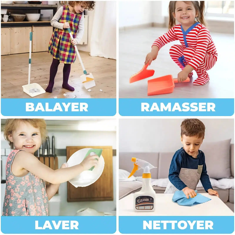 Les enfants s'adonnent joyeusement aux activités de nettoyage avec le Set de Ménage pour Enfants - Imitation Nettoyage - 12 pièces : balayer, utiliser une pelle, faire la vaisselle et nettoyer la table. Leurs jeux imaginatifs transforment les corvées en aventures passionnantes.