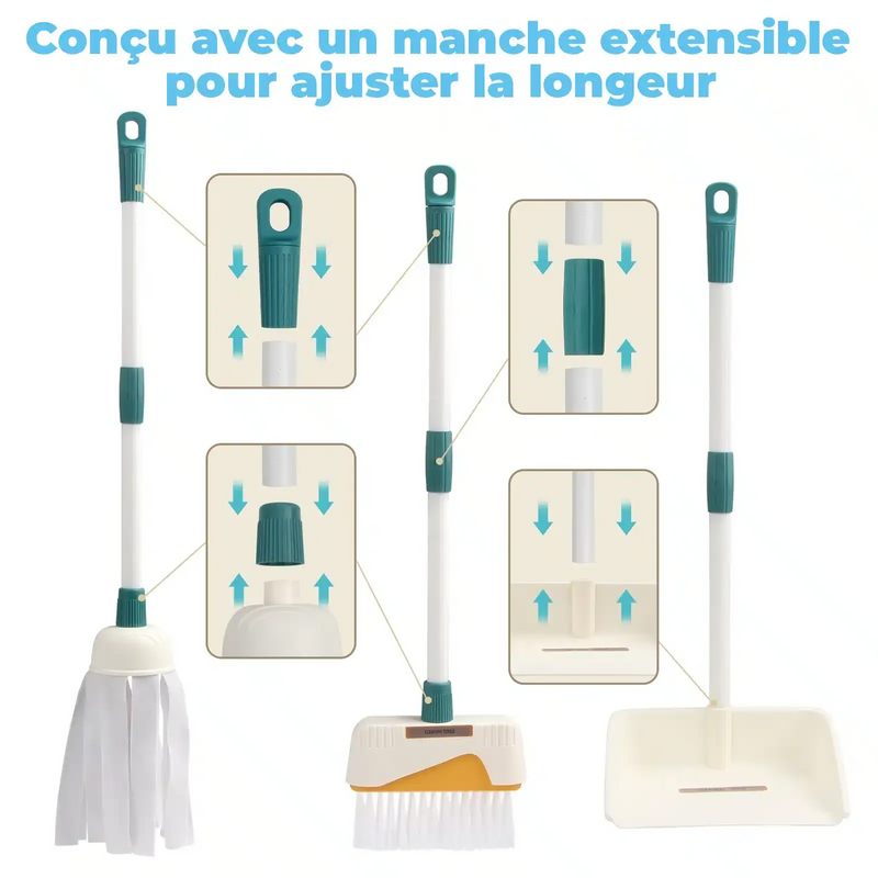 Le Set de Ménage pour Enfants - Imitation Nettoyage - 12 pièces comprend une serpillière, un balai et une pelle à poussière avec manches télescopiques réglables en longueur et texte en français. Idéal pour inspirer les plus jeunes à s'amuser à nettoyer par imitation.
