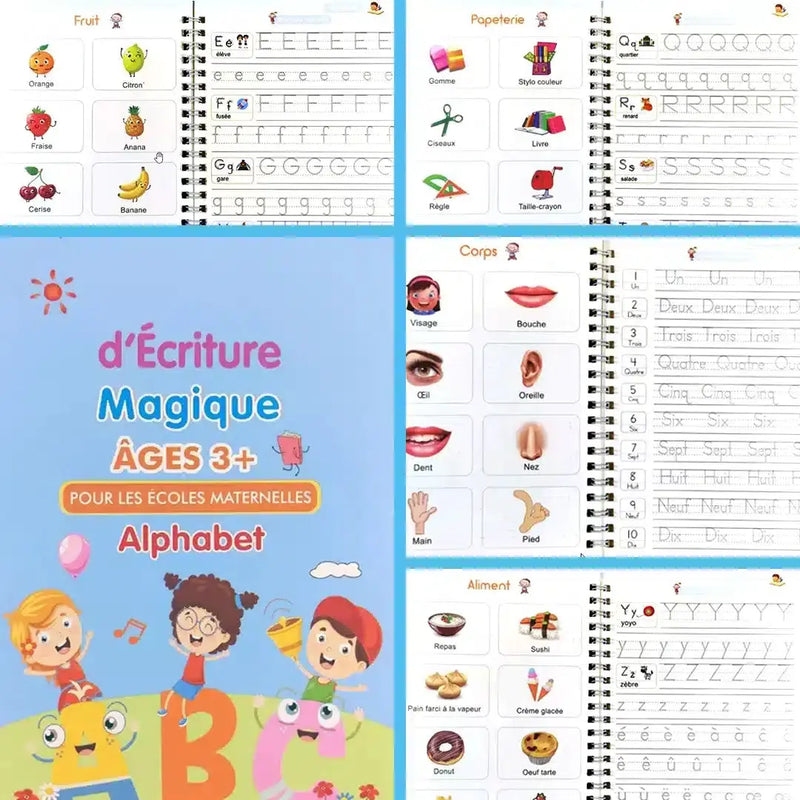 Un abécédaire pour enfants avec images et mots, offert avec le Cahier Magique | Améliorez l'écriture de vos enfants en 10 jours | Offert : 1 Stylo + 1 Grip + 5 Recharges d'Encre Magique.