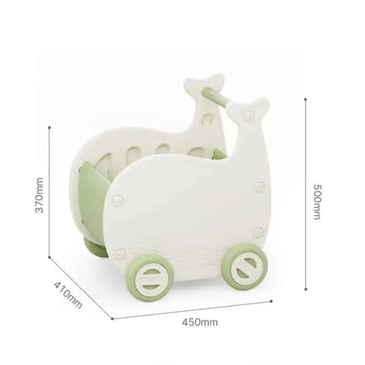 Un Chariot Marche Bébé - Baleine vert et blanc avec mesures.