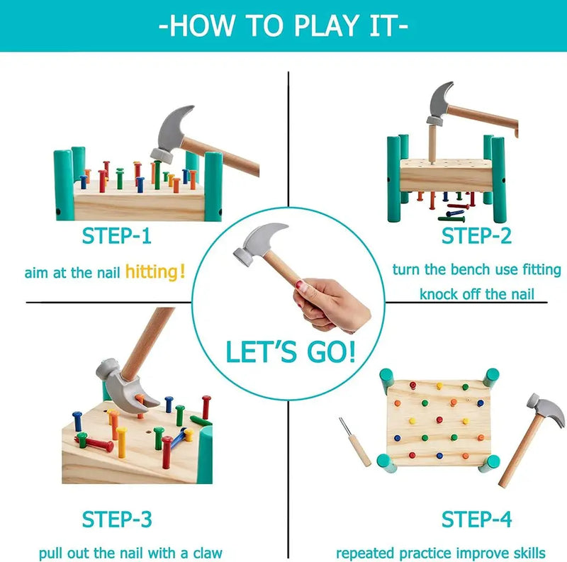 Comment jouer au Jeu de Construction Clou-Marteau avec un ensemble marteau et burin en bois.