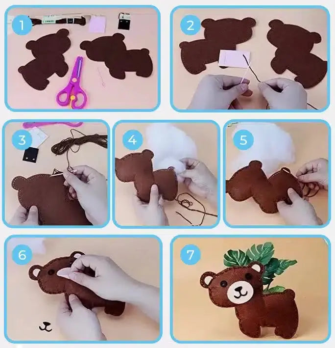 Guide étape par étape pour réaliser un ours en peluche en feutrine : découpez les formes, cousez les bords, rembourrez et fixez les oreilles et les yeux. L'ourson terminé arbore un sourire et une décoration végétale, idéal pour un Porte-clés à Faire Soi-Même Sans se piquer le doigt de la série Kit de Couture Enfants.