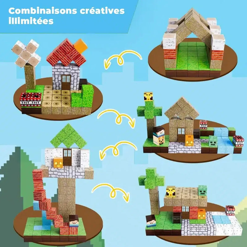 Quatre structures uniques, construites à partir d'éléments de style Mine Blocks, démontrent des combinaisons créatives ; trois flèches illustrent les transformations entre les designs dans "Mine Blocks - L'univers virtuel dans la vie réel".