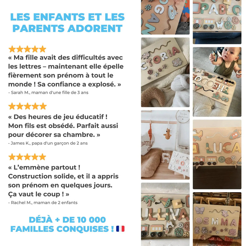 Infographie présentant les témoignages de trois parents sur les bénéfices éducatifs et la qualité du Puzzle Personnalisé Prénom en Bois, avec des images de puzzles magnifiquement conçus et un témoignage de plus de 10 000 familles satisfaites.