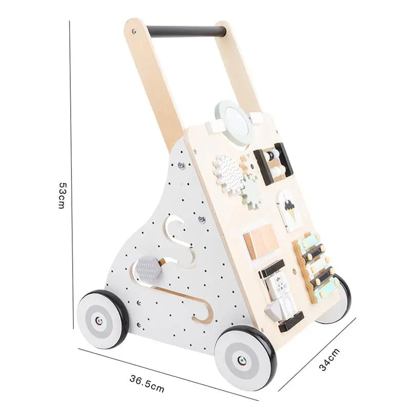 Un Trotteur pousseur bébé - multi-activités - Couleurs pastel avec des jouets dessus.