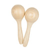 Deux maracas en bois brut avec des têtes rondes et des poignées lisses, positionnées l'une à côté de l'autre.