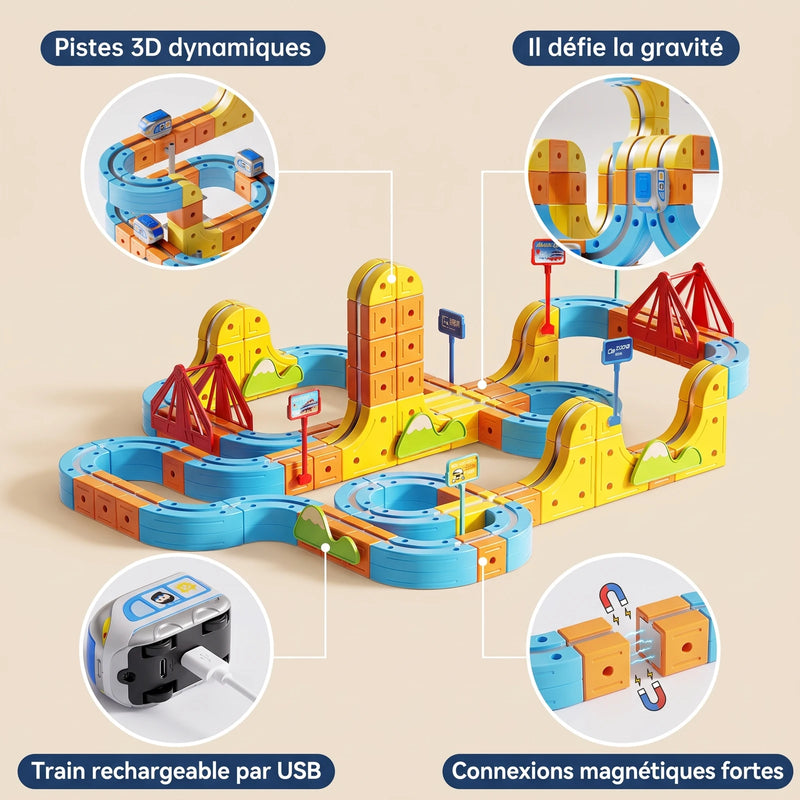 Pistes 3D dynamiques, il defie la gravite, train rechargeable par USB, connexions magnetiques fortes
