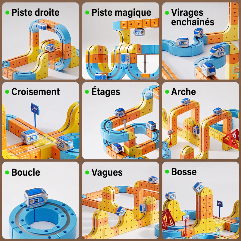 Neuf configurations : piste droite, piste magique, virages, croisement, etages, arche, boucle, vagues, bosse