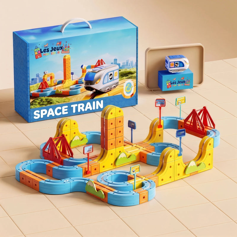 Set 175 pieces : grand circuit a deux ponts, tours et panneaux, et son coffret