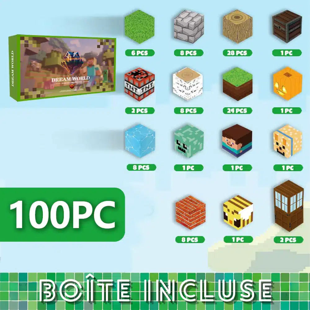 Un ensemble de 100 blocs de jouets sur le thème des MineBlocks avec différents motifs, notamment de l'herbe, de la pierre, du bois, de la TNT, de la citrouille, des minerais, des animaux, des portes et bien d'autres choses encore, avec des quantités comme 35 blocs de certains types clairement indiquées.