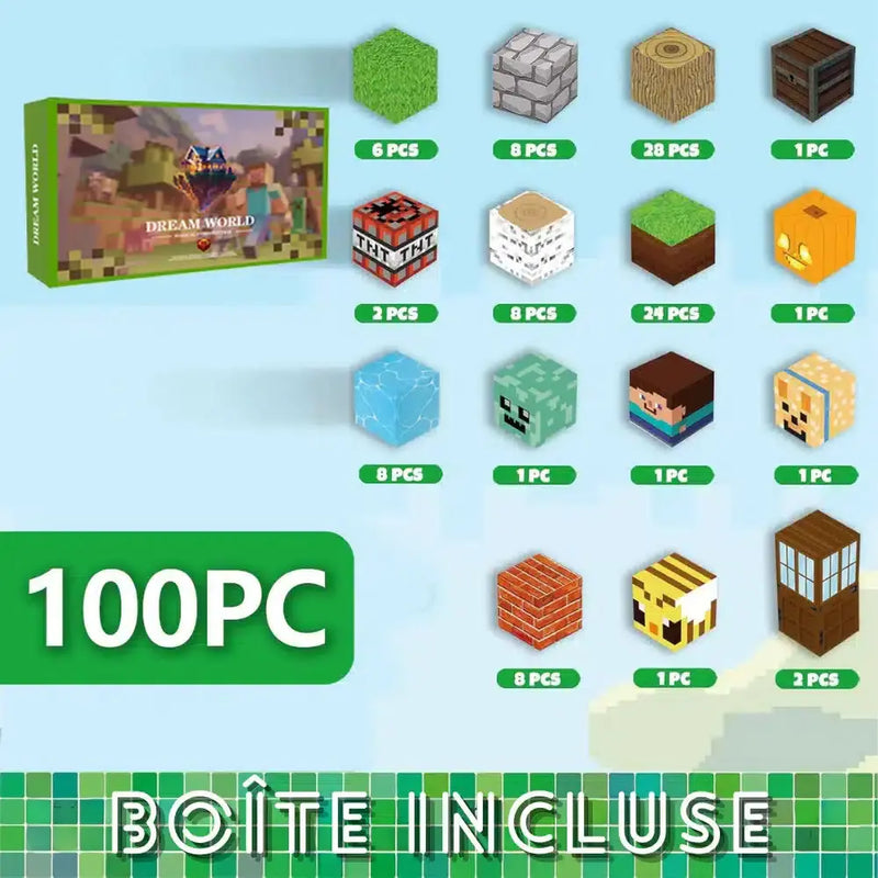 Un ensemble de 100 blocs de jouets sur le thème des MineBlocks avec différents motifs, notamment de l'herbe, de la pierre, du bois, de la TNT, de la citrouille, des minerais, des animaux, des portes et bien d'autres choses encore, avec des quantités comme 35 blocs de certains types clairement indiquées.