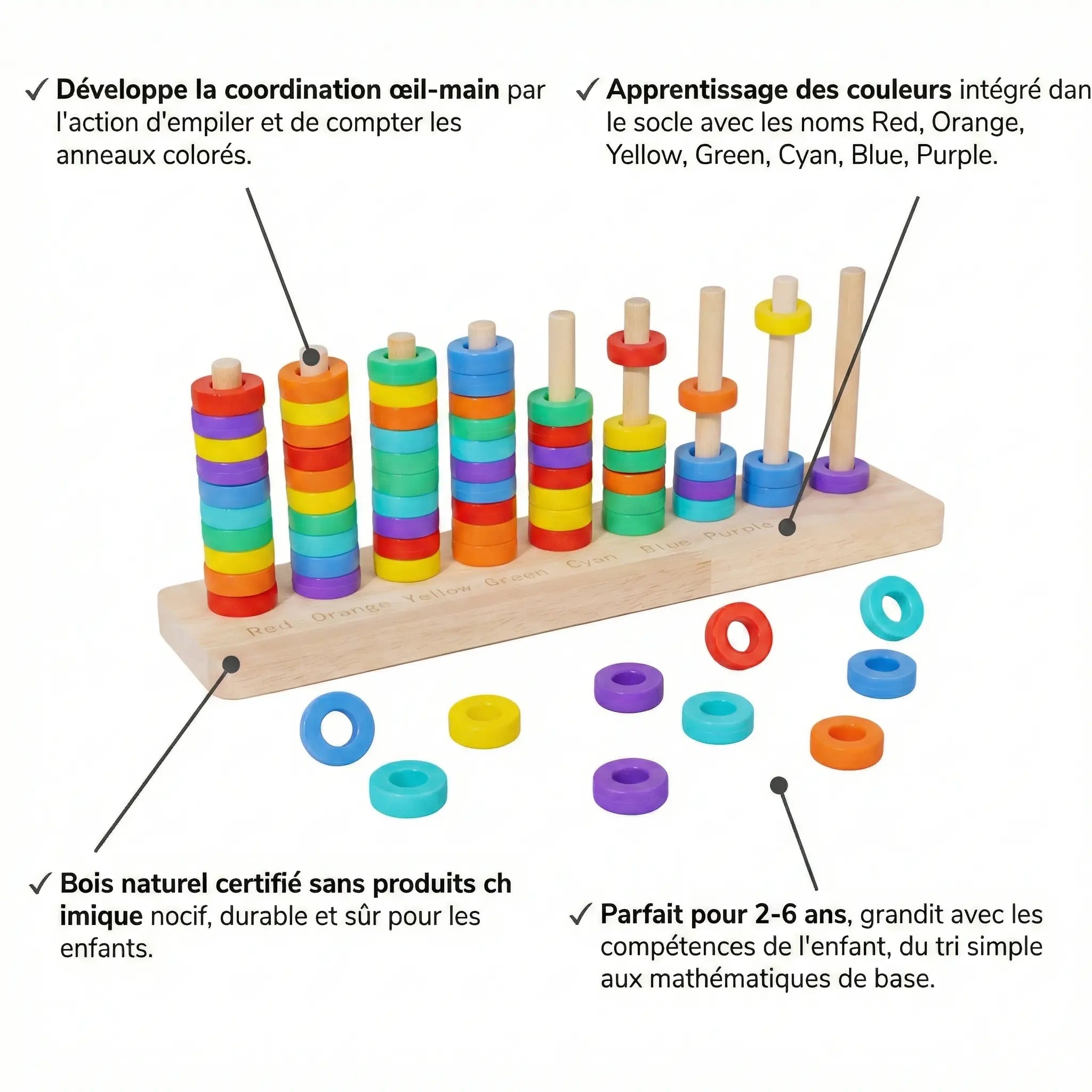 Jeu Lancer d'Anneaux Arc-en-ciel Bois - Coordination 2-6 ans