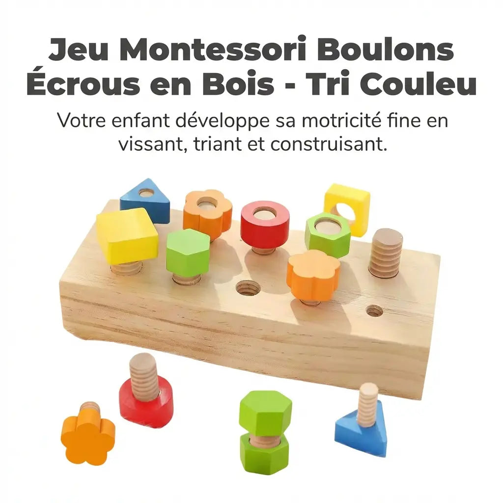 Jeu Montessori Boulons Écrous en Bois - Tri Couleurs Formes