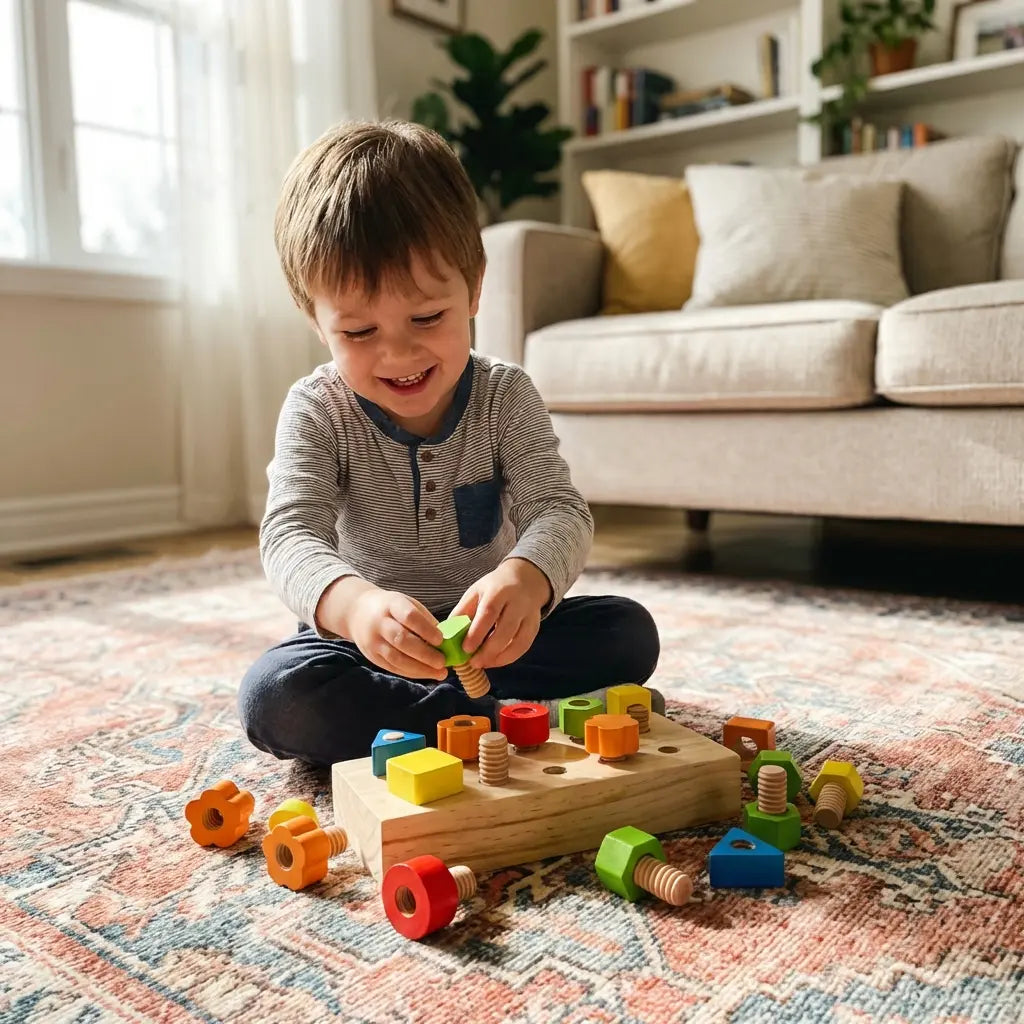 Jeu Montessori Boulons Écrous en Bois - Tri Couleurs Formes