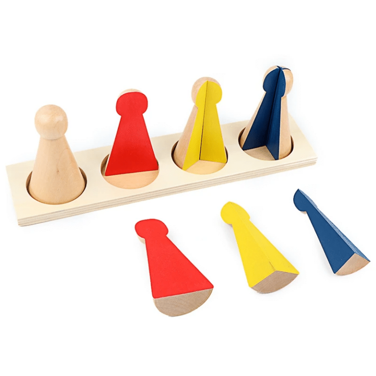 Les Quilles d’apprentissage des fractions sont un casse-tête en bois composé de quatre pièces coniques de couleur rouge, jaune et bleu pour l’apprentissage des quilles et des fractions. La base est dotée de logements pour trois pièces verticales, une pièce restant détachée pour l’exploration.