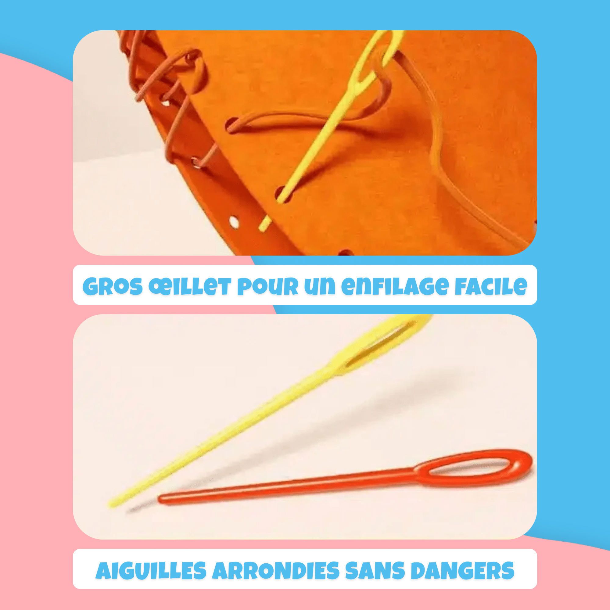 Deux grandes aiguilles en plastique arrondies et un tissu orange à trous larges permettent aux enfants d'enfiler leurs vêtements facilement et en toute sécurité. Le texte en français souligne les caractéristiques du Kit de Couture Enfants - Porte-clés à Faire Soi-Même en Sécurité.