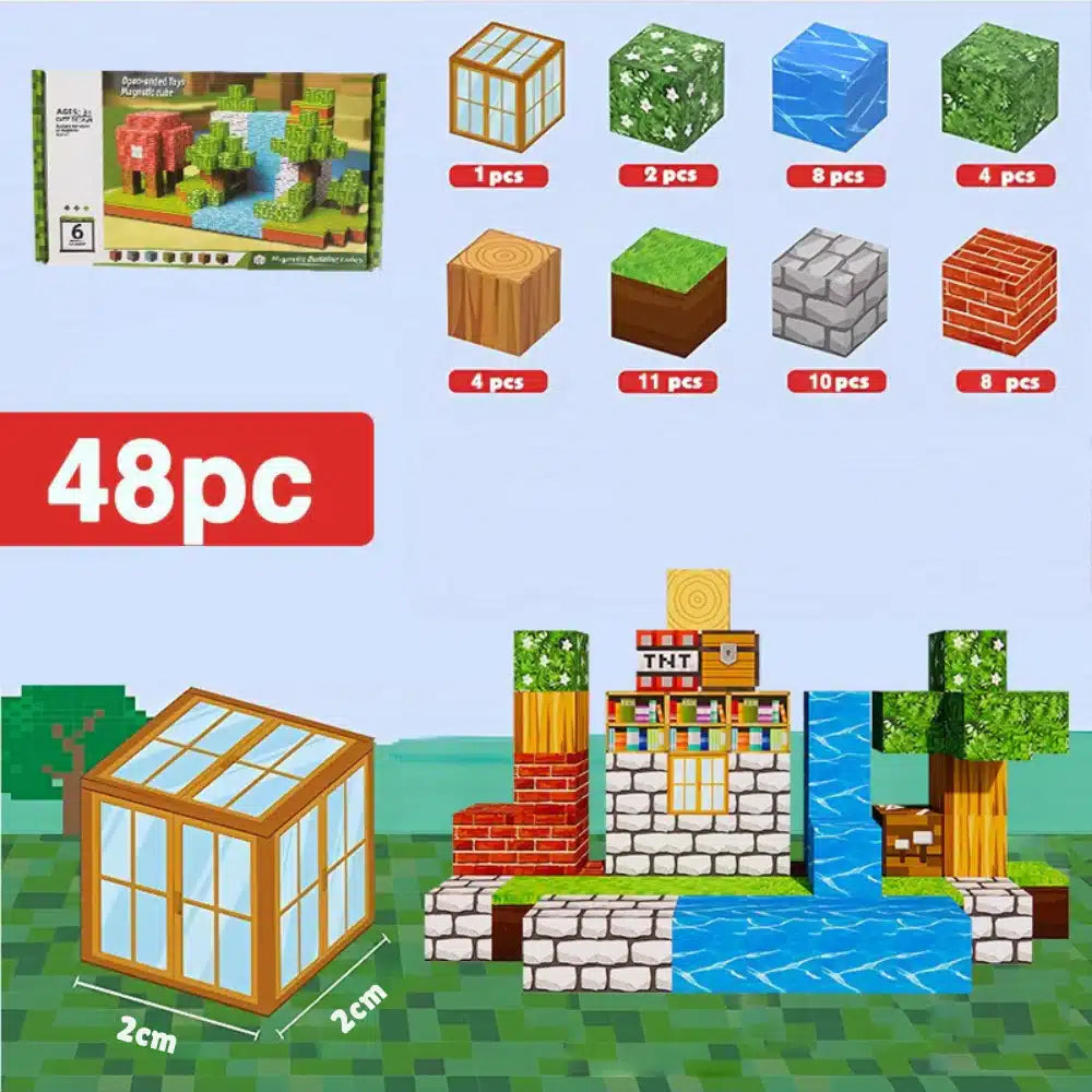 Un jeu de construction MineBlocks de 48 pièces ressemblant aux éléments de Minecraft - 35 blocs et des blocs supplémentaires comme du bois, de la pierre, de la TNT, de l'eau, des feuilles et de la vigne - avec les quantités et les dimensions des articles.