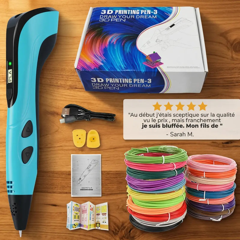 Stylo 3D Enfant - Kit Complet 200M Filament Rechargeable USB-C