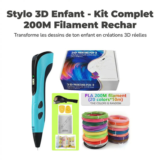 Stylo 3D Enfant - Kit Complet 200M Filament Rechargeable USB-C
