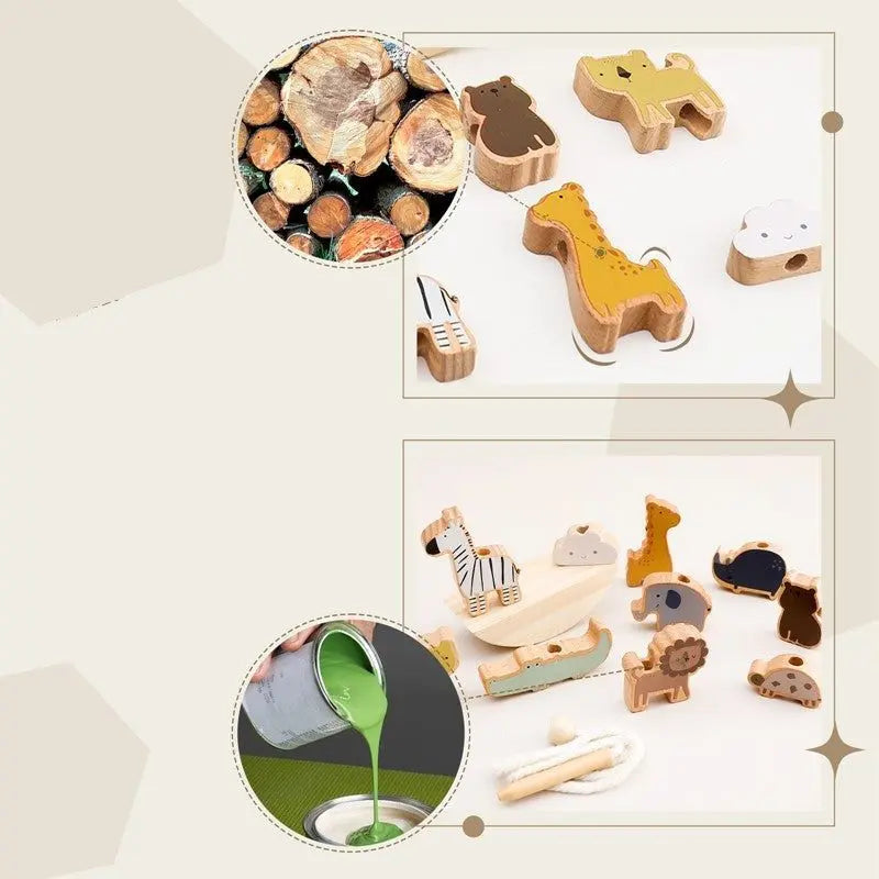 Découvrez notre collection Jouet Montessori animaux en bois, avec des pièces en bois en forme d'animaux, des bûches, des liquides verts, des cordes et une planche d'équilibre. Parfait pour l'exploration et l'apprentissage ludiques.