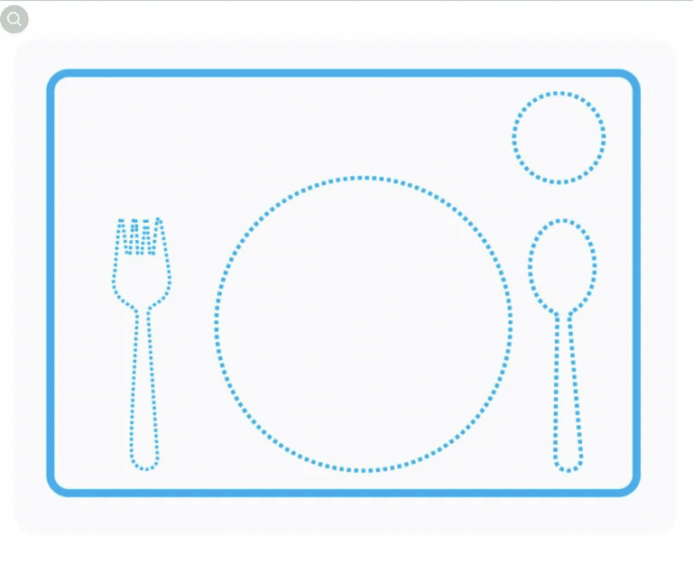 Le « Set de table Montessori » présente des contours en pointillés bleus d'une assiette à dîner, d'une fourchette, d'une cuillère et de deux cercles plus petits sur un set de table pour une table pédagogique.
