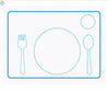 Le « Set de table Montessori » présente des contours en pointillés bleus d'une assiette à dîner, d'une fourchette, d'une cuillère et de deux cercles plus petits sur un set de table pour une table pédagogique.