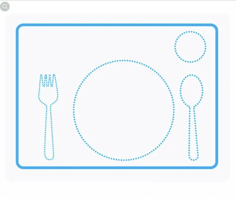 Le « Set de table Montessori » présente des contours en pointillés bleus d'une assiette à dîner, d'une fourchette, d'une cuillère et de deux cercles plus petits sur un set de table pour une table pédagogique.