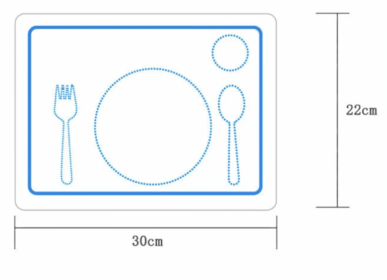 Schéma du Set de table Montessori, un set de table rectangulaire de 30 cm x 22 cm avec des contours bleus pour une assiette, une fourchette, une cuillère et deux cercles plus petits. Parfait pour créer une expérience culinaire d'inspiration Montessori qui favorise la mise en place indépendante de la table.