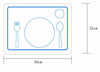 Schéma du Set de table Montessori, un set de table rectangulaire de 30 cm x 22 cm avec des contours bleus pour une assiette, une fourchette, une cuillère et deux cercles plus petits. Parfait pour créer une expérience culinaire d'inspiration Montessori qui favorise la mise en place indépendante de la table.