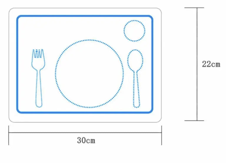 Schéma du Set de table Montessori, un set de table rectangulaire de 30 cm x 22 cm avec des contours bleus pour une assiette, une fourchette, une cuillère et deux cercles plus petits. Parfait pour créer une expérience culinaire d'inspiration Montessori qui favorise la mise en place indépendante de la table.