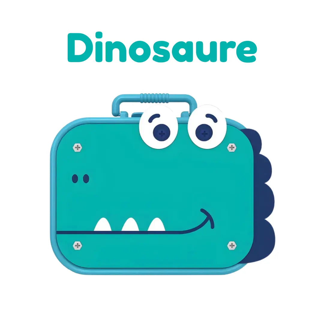 Une valise turquoise sur le thème des dinosaures, avec des yeux de dessin animé et un visage souriant, évoquant le charme ludique d'une boîte à outils Montessori. Le mot « Dinosaure » invite les jeunes explorateurs à se lancer dans des aventures créatives.