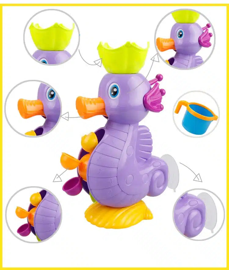 Jouet de Bain Déversoir à accrocher à la baignoire avec une couronne, un seau et un accrocher pour la baignoire.