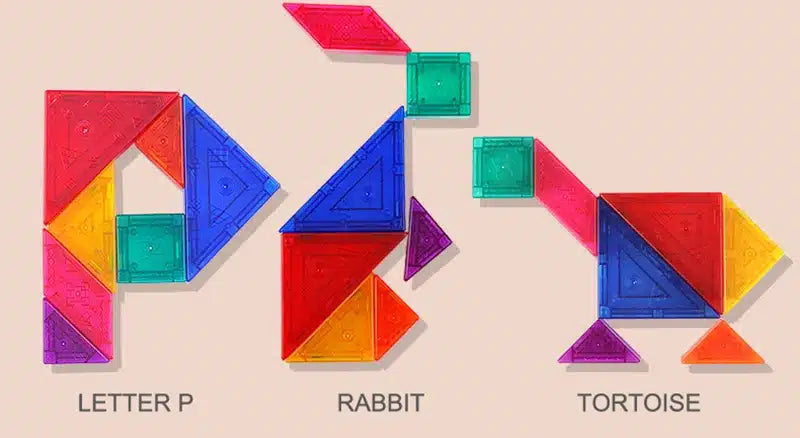 Les lettres p, r, t, r, t, p, r, t, p forment un Tangram Magnétique.
