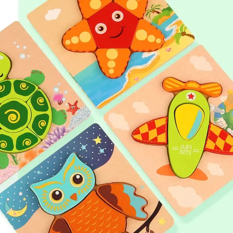 Un ensemble de puzzles en bois avec différents animaux dessus.
