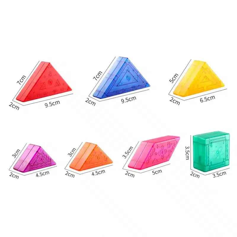Un ensemble de blocs Tangram Magnétique colorés de différentes tailles.