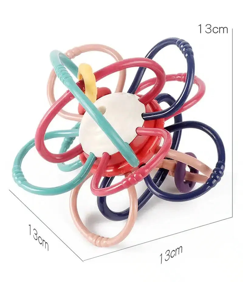 Le Hochet multifonction Montessori est un jouet pour bébé multicolore avec des boucles interconnectées et un moyeu central, conçu pour engager les petites mains. Mesurant 13 cm de largeur et de hauteur, il sert également de hochet engageant pour stimuler le développement sensoriel.