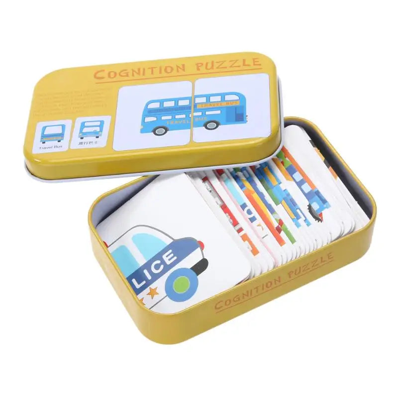 Une boîte contenant un puzzle et un bus.