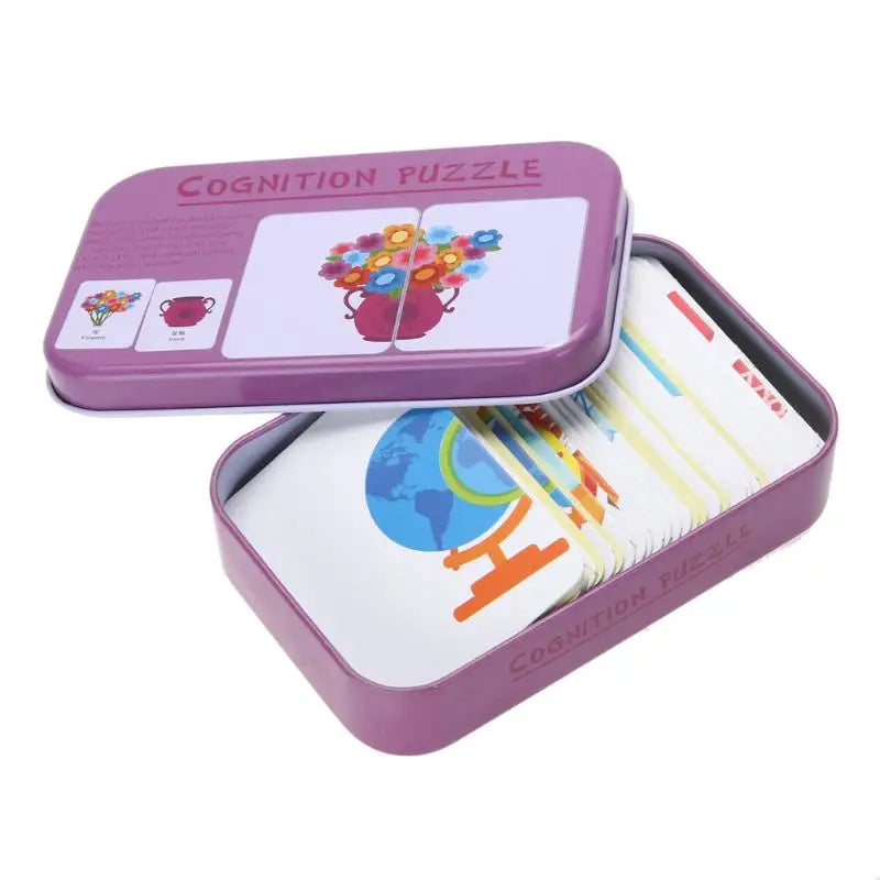 Une boîte violette contenant un puzzle.