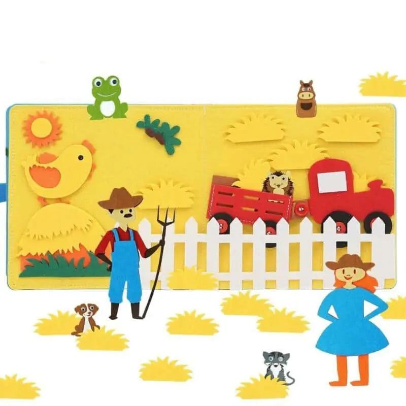 Le « Livre Montessori la ferme des animaux » propose une scène de ferme en feutre vibrante, comprenant un fermier, des animaux, un tracteur rouge, une clôture blanche et des meules de foin jaunes sur un fond jaune vif, parfait pour initier les enfants à la méthode Montessori par le biais d'un jeu engageant.