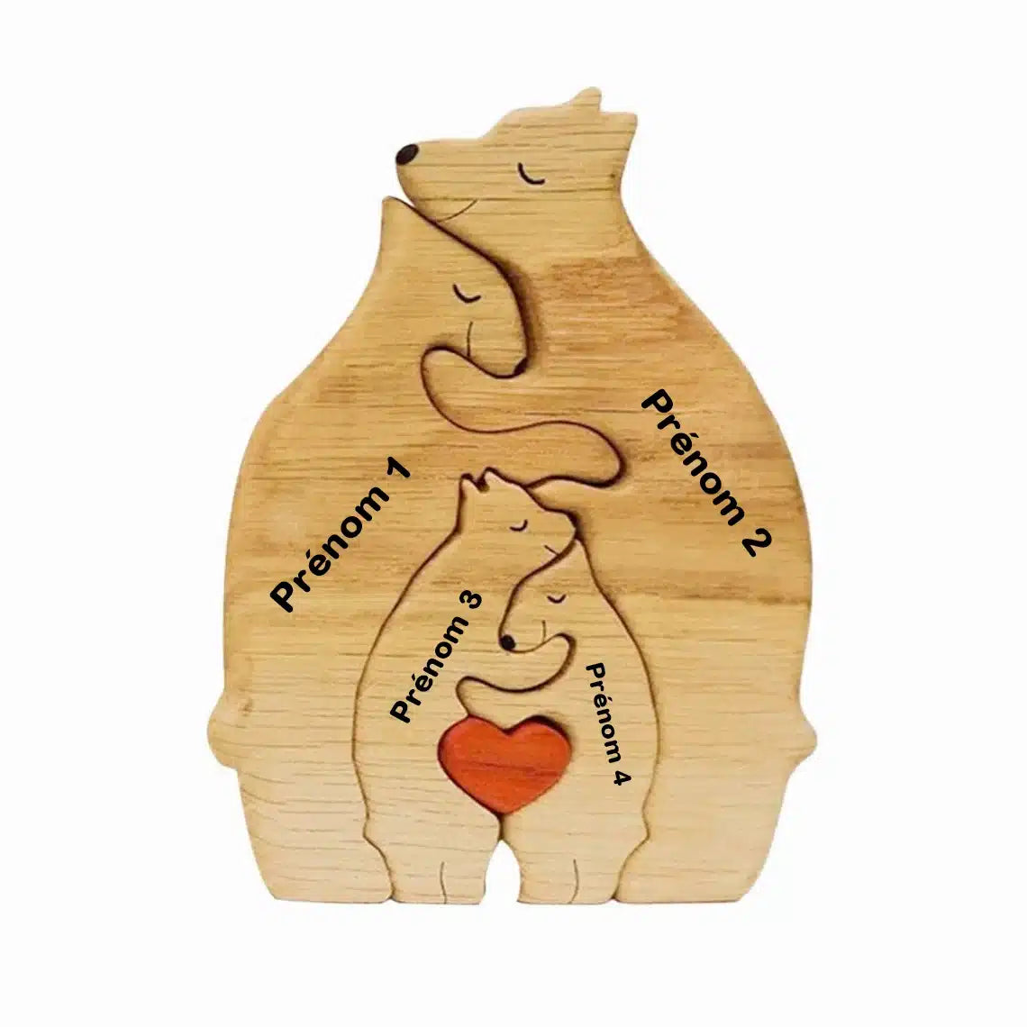 Ce charmant Puzzle Personnalisé De Famille D'ours En Bois présente une adorable famille de quatre ours de différentes tailles, chacun étiqueté « Prénom 1 », « Prénom 2 », « Prénom 3 » et « Prénom 4 ». Un cœur rouge vif orne la base, ajoutant une touche spéciale à ce puzzle personnalisé.